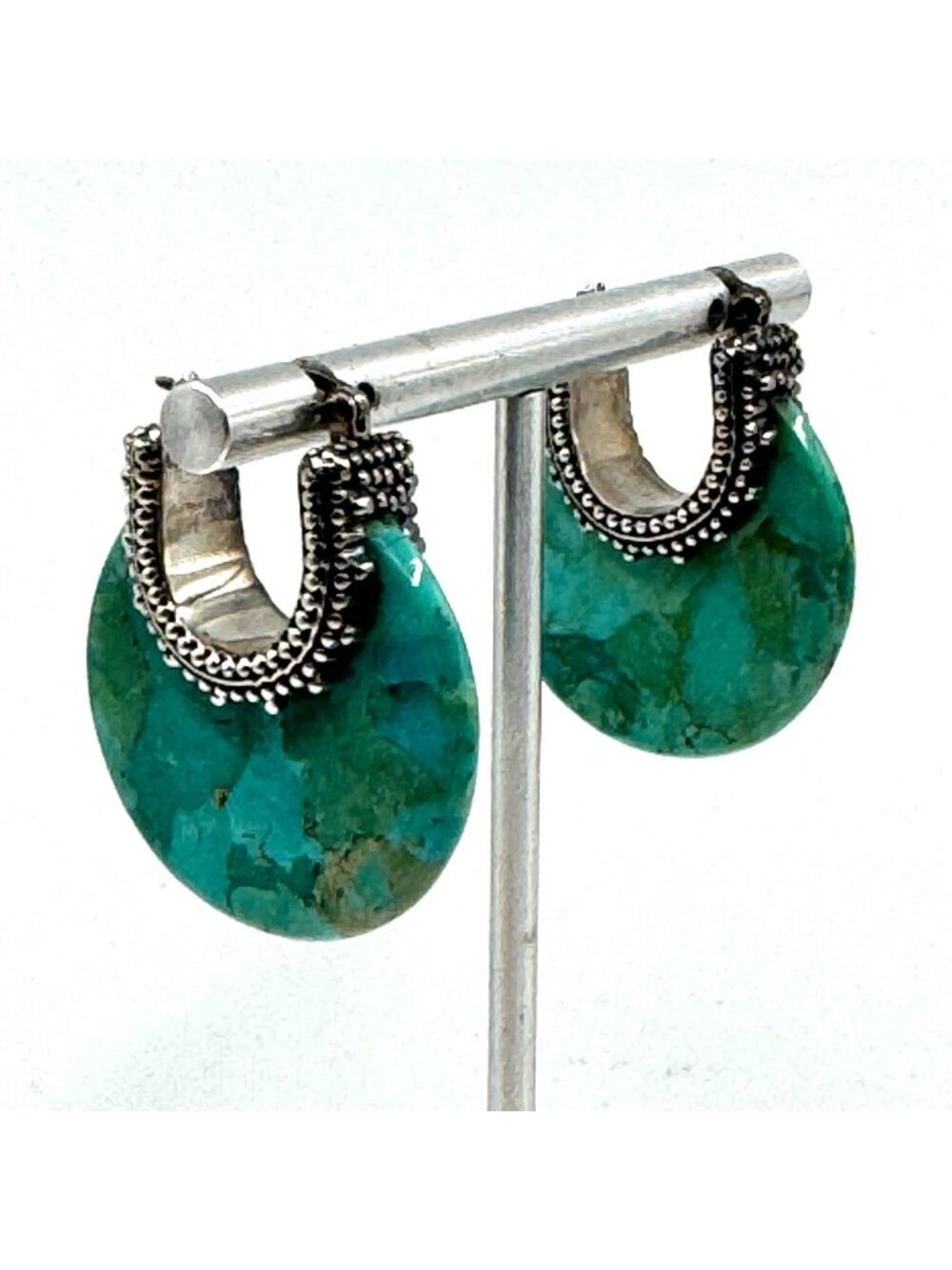 VTG Sterling Silver 925 Large Turquoise Circle Dangle Earrings Size 1.25" Length